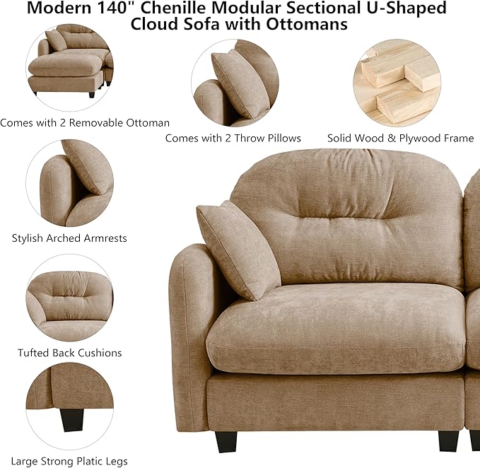 mikibama 140 Chenille Cloud Sofa 4 Seater Couch with OttomansModern Modular Sectional U-Shaped Cloud Sofas with Deep SeatU Shape Couch with Chaise LoungesCurved Arms for Living Room(Camel4S+2O)