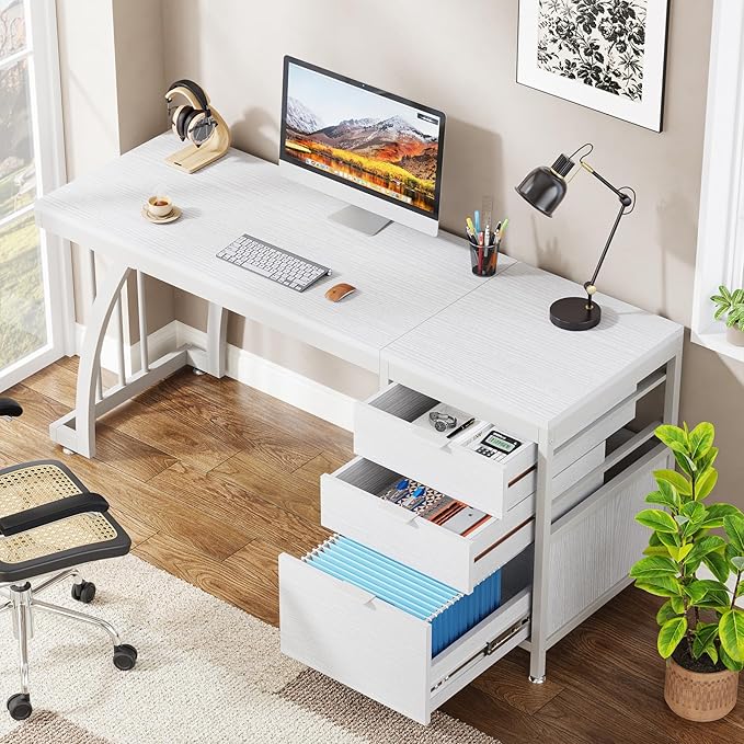 Tribesigns Computer Desk with 3 Drawers 59-Inch PC Desk with Reversible Drawers Industrial Study Writing Table Workstation with File Storage for Home Office White