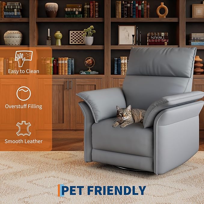 GarveeHome Power Recliner Chair with Side Pockets 270° Swivel &amp Glider USB Charging Port PU Leather Thickened Dual-Layer Armrests Modern Recliner for Living Room Bedroom (Silver)