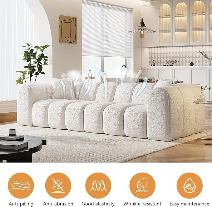 96 Modular Sectional SofaModern Boneless Cloud Couch with Deep SeatUpholstered 4-Seater Sofa Chenille Boucle Couches for Living Room Wide Seat Cozy Loveseat with Armrest (White 96-INCH)