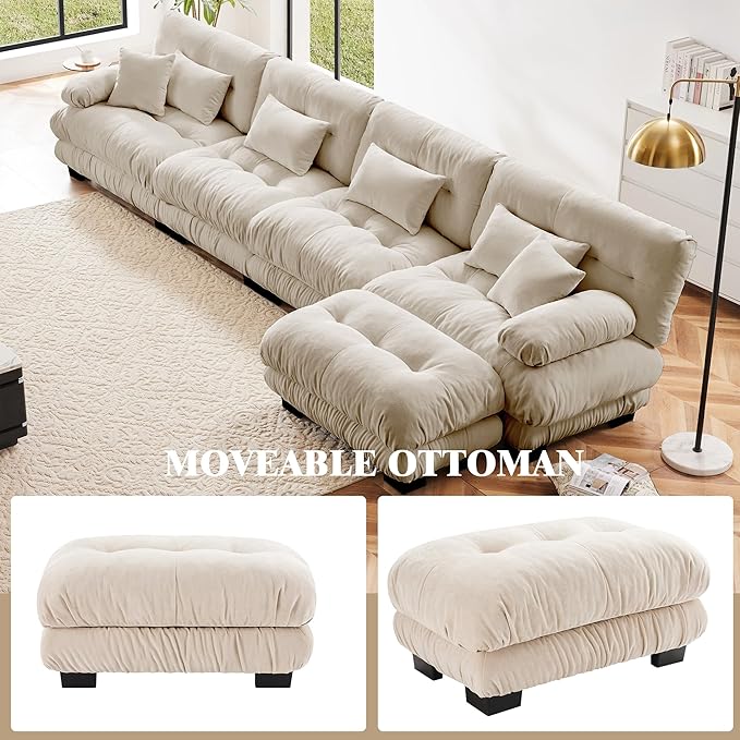 Oversized Modular Velvet Sectional Cloud Sofa Couch with Movable OttomanCorner Sofa with Comfortable Armrests Deep Seat Convertible L or U Shaped Couch (Light Coffee 4 Seat + 1 Ottoman)
