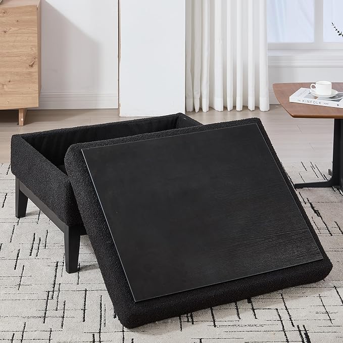 Wood Base Accent Arm Chair with Ottoman and Bolster PillowsStorage Footstool with Reversible Lid Coffee Table for Living Room Office (33.86W Black Foot Stool+Black Base)