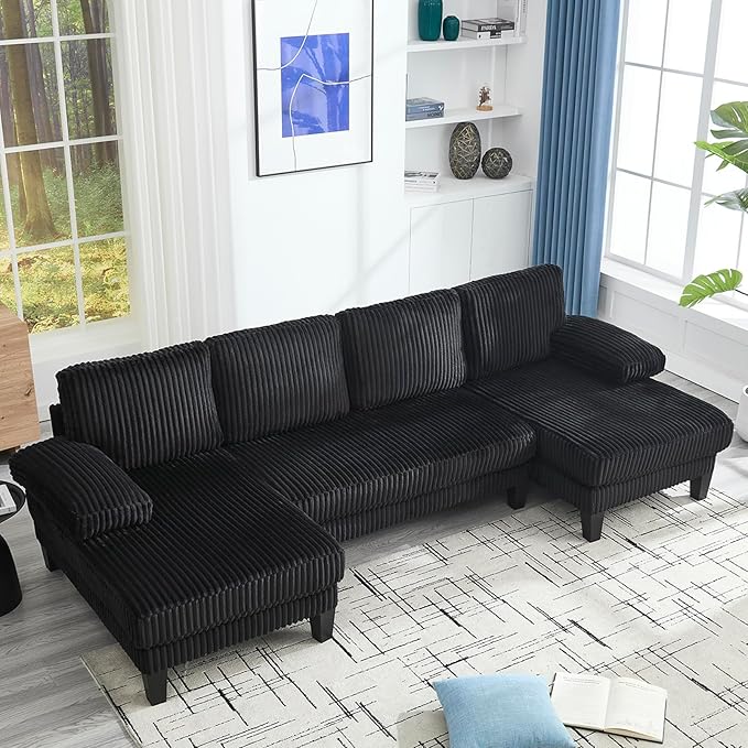 114.2W U-Shaped Sectional Sofa for Living Room Corduroy U-Shaped Couch with Double Chaises 4-Seater Comfy Cloud Sofa for Home Furniture Office &amp Small Space (Black)
