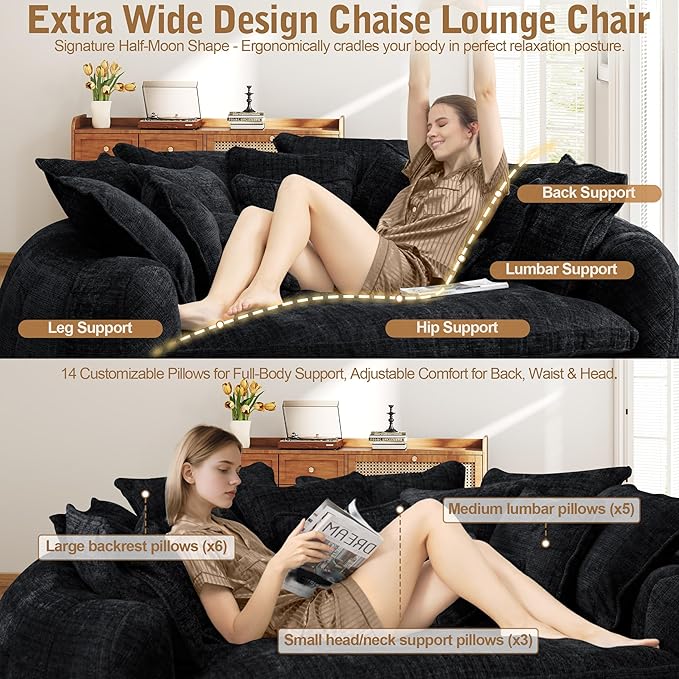 82'' Oversized Upholstered Sofa Bed Round Chaise Lounge Chair Indoor Modern Chenille Boneless Couch No Assembly Required Plush Sleeper Chair with 14 Pillows for Living Room Black