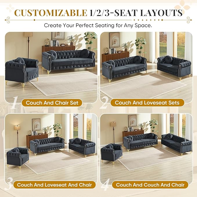 2 Pieces Chesterfield Sofa Set 2 &amp 3 Seater Comfy Tufted Velvet Couch with Rolled Arms &amp Pillows Mid Century Modern Couch and Loveseat Sets Retro Gold Couches Living Room Furniture (Black)