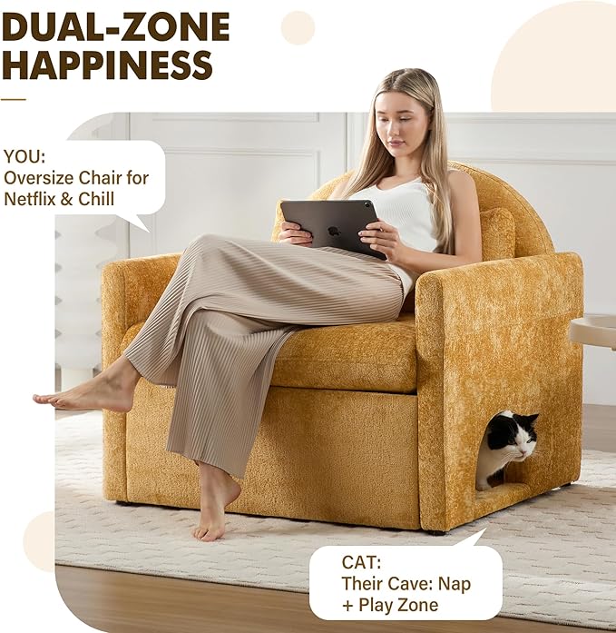 Oversized Modern Accent Chair Armchair with Cat House 36.2 W Living Room Chairs Single Sofa Chair Mid-Century Upholstered Accent Solid Wood Legs Bedroom Yellow