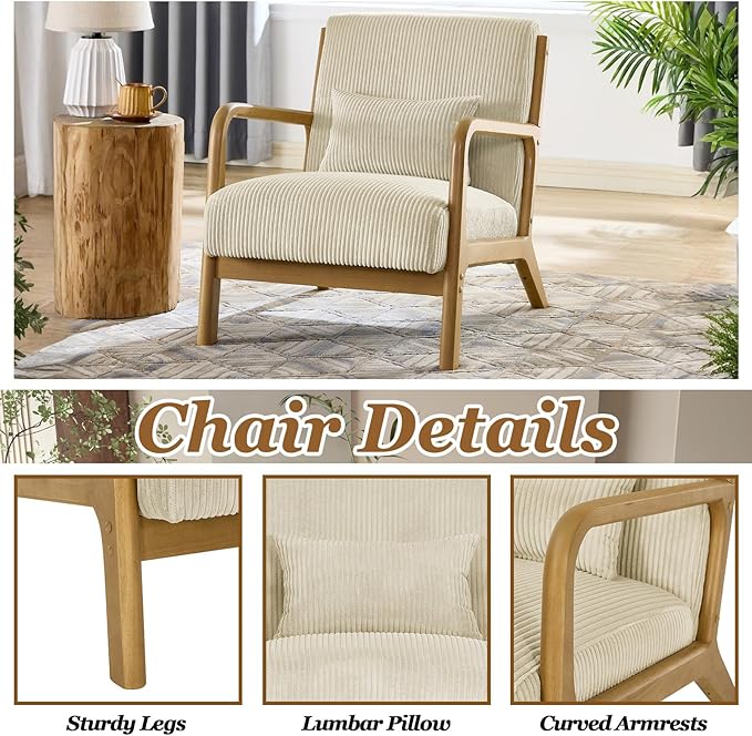 Modern Accent Chairs with Waist Cushion Comfy Upholstered Chair Living Room Corduroy Reading Chair with Solid Wood Frame Side Chairs for Living Room Bedroom Sunny Room Balcony (Beige)