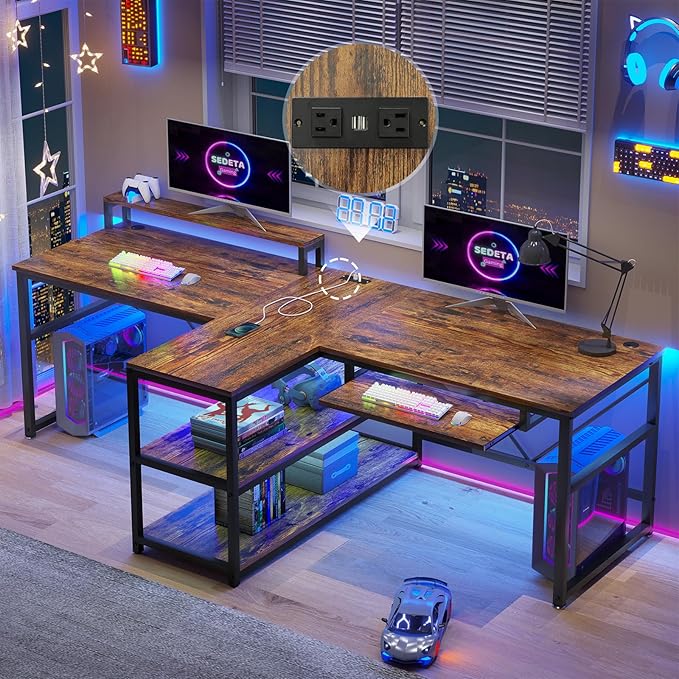 SEDETA 94.5 Home Office Desks Computer Gaming Desk with Storage LED Lights Power Strip with USB Keyboard Tray &amp Monitor Stand Extra Long Double Desk for 2 Person Rustic Brown