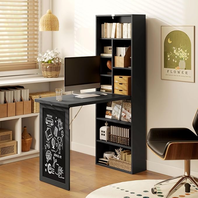 HOMCOM Foldable Convertible Writing Table Wall Mounted Space-Saving Computer Desk with Chalkboard and Storage Shelves for Small Spaces Home Office Bedroom Dorm Apartment Black