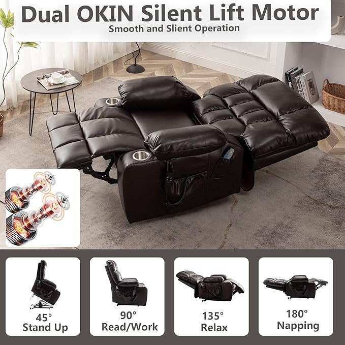 Oversized Power Lift Recliner Chair for Adult Elderly Dual Motor Lay Flat Electric Recliner with Massage &amp Heat 25.5 Wide Seat Big Tall Recliners for Living Room PU Brown