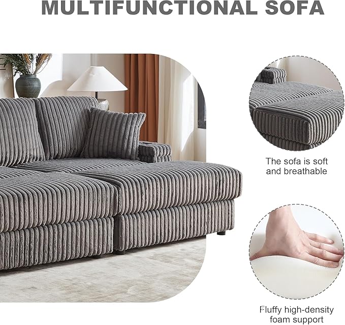 84Inch Corduroy 3-Seater Sofa with 3 Back Pillows2 toss Pillows a Ottoman2storage Spaces and Cup-Holding Grooves Comfy Sofa- Deep Seat Couch for Living RoomGrey
