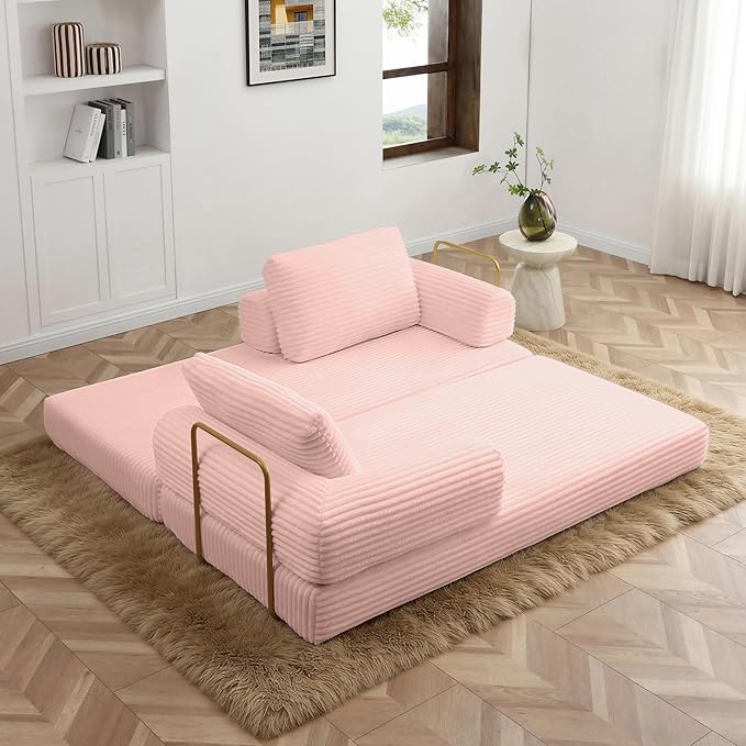 Convertible Sleeper Sofa Bed 79.5 Folding Floor Sofa Mattress Couch with Pillows Corduroy Futon Boneless Couch Lounge Loveseat with Pull Out Bed Pink