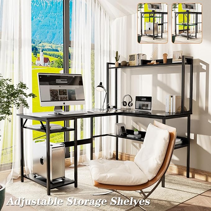L Shaped Computer Desk with Hutch and Storage Shelves Gaming Desk with LED Lights Reversible L-Shaped Desk with Power Outlets Home Office Desk Corner Desk Black