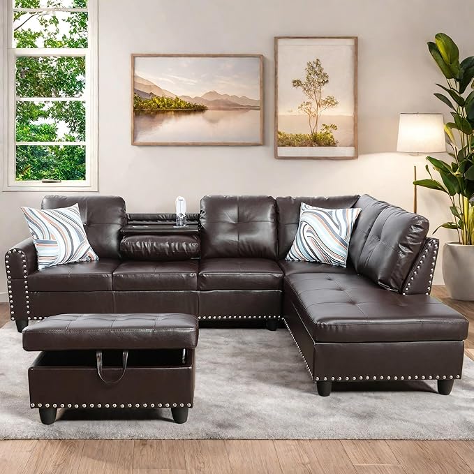 FONTOI Leather Sectional Couch with Otttoman 97 L Shaped Couch Sectional Sofa for Living Room Modern Modular Couches with Cup Holders for Bedroom Apartments Brown
