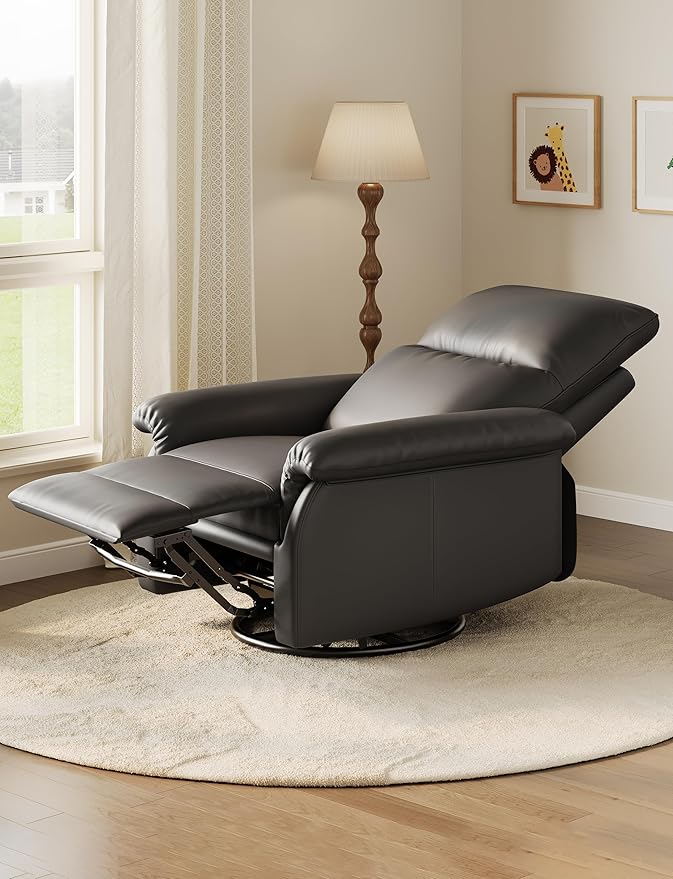GAOMON Swivel Rocking Recliner Chair Manual Leather Recliner Glider with Lumbar Support &amp Padded Armrest Comfortable Rocker Nursery Single Sofa for Living Room and Bedroom (Black)