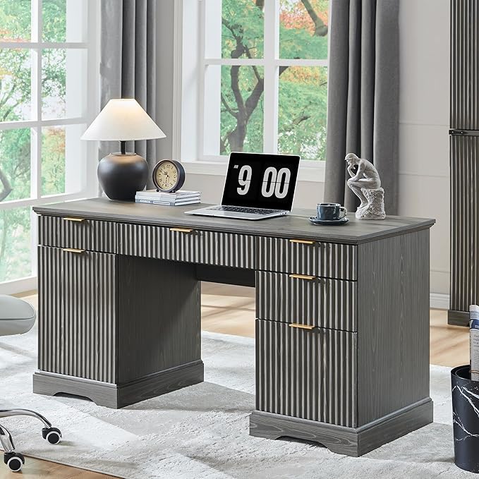 JXQTLINGMU Modern Executive Desk with Storage Wood Home Office Desk with Drawer &amp Cabinet Fluted Computer Writing Desk for Study Living Room Bedroom