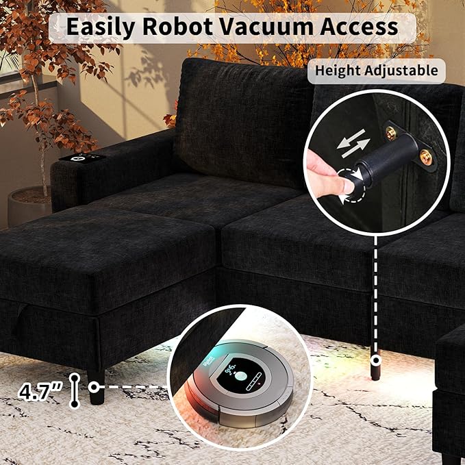 Sectional Couches for Living Room 6 Seat Chenille Sectional Sofa with Smart Module-Wireless Charging/USB/Type-C/RGB Light U Shaped Couch with 2 Movable Storage Ottomans (Black)