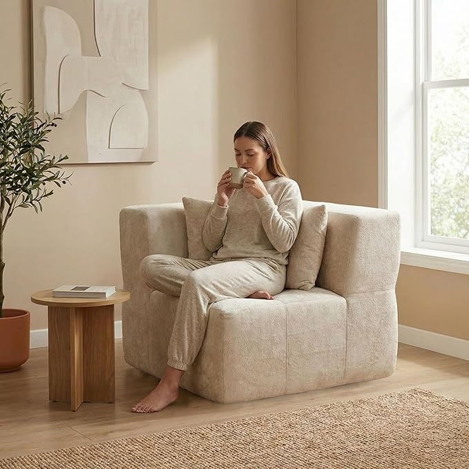 · REDEARTH · Left Armchair Velvet Sectional Sofa No-Assembly Compressed Couch in a Box Firm Support Boneless Modular System in Plush Velvet for Living Room (1-Seater) Cream