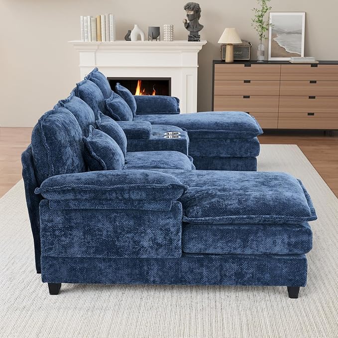 OUYESSIR U Shaped Cloud Sectional Couch 132 Fluffy Modular Sofa Set with Double Chaise Lounge Central Console &amp USB Port Comfy Chenille Big Sectional Couches for Living Room Dark Blue