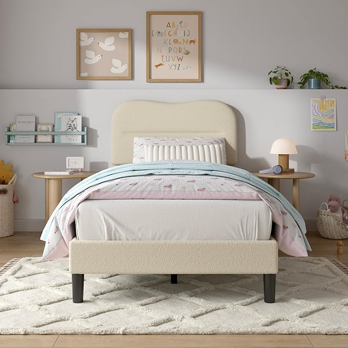 Twin Bed Frames with Headboard Upholstered Bed Frame Twin Teddy Soft Boucle Fabric Twin Size bedframes Soft Cloud Marshmallow Shape Upholstered Headboard No Box Spring Needed Noise Free (Beige)