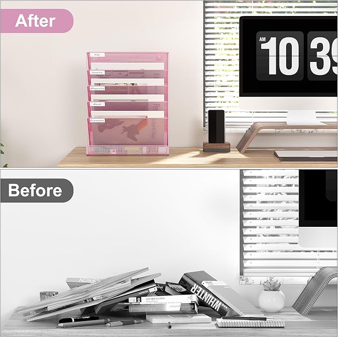 EasyPAG 5 Tier Wall File Holder Mesh Hanging Folder Organizer with Classify Label Versatile Desk File Holder Vertical Wall Mounted Mail Organizer for Office Home Cubicle Pink