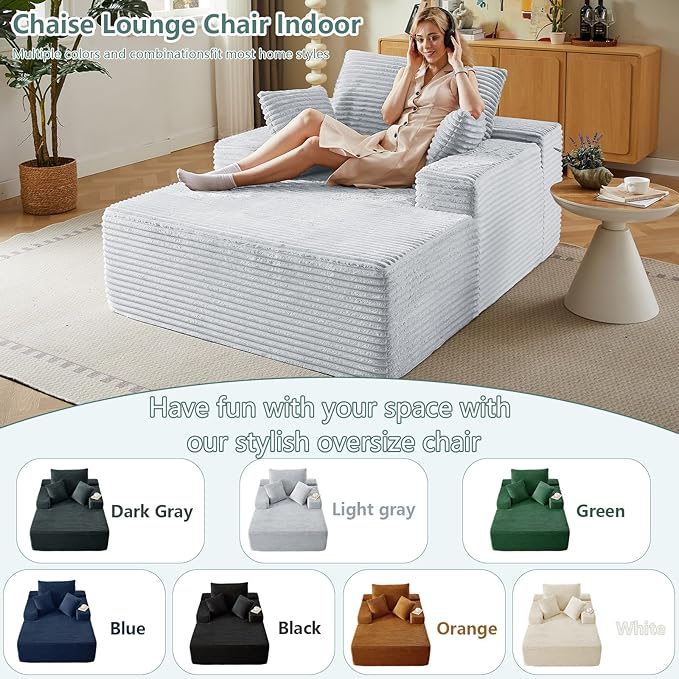 50Oversized Chaise Lounge Chair IndoorCorduroy Boneless Reading Chair with 3 PillowsDeep Seat Cloud Sofa BedComfy Modern Sleeper Chairs in Box for Living Room BedroomNo Assembly(Light Grey)
