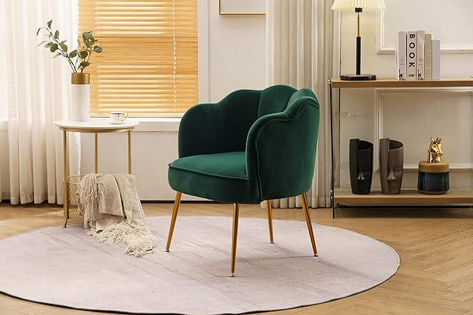 Shell Shape Velvet Fabric Armchair Accent Chair with Gold Legs for Living Room BedroomDark Green