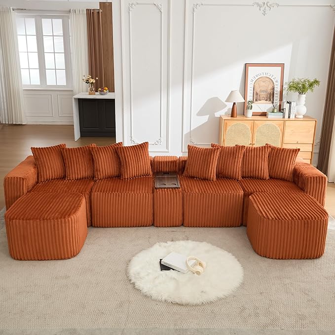 KEIKI 137.5 Modular U Shaped Sofa Oversized Corduroy Sectional Couch with Movable Footstool Cup Holders Wireless Charging Board Flexible No Assembly Sofa for Apartment or Loft