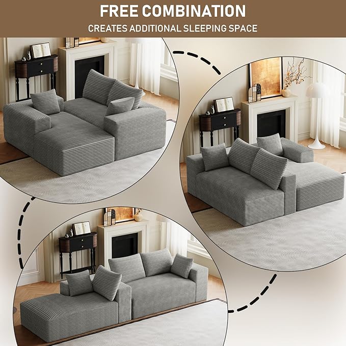 107 Sectional Couches for Living Room Comfy L Shaped Boneless Couches Modern Deep Seat Modular Sofa Cloud Corduroy Couch with Right Facing Chaise No Assembly Needed Light Grey