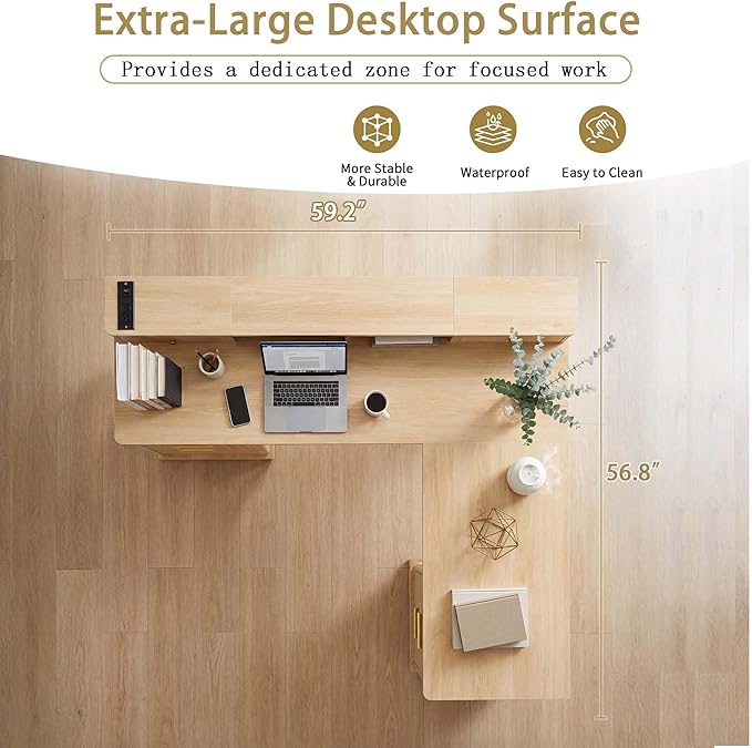 59'' Farmhouse Desk with 5 Drawers &amp Charging Station Wood Executive Desk with Storage Cabinet &amp Keyboard Tray White Computer Desks with Monitor Stand for Home Office (Natural 59 × 30 L Sha