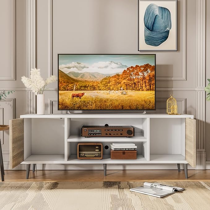 JUMMICO TV Stand for 65 Inch TV Mid Century Modern TV Stand Entertainment Center with Storage Cabinet and Open Shelves TV Console Table Media Cabinet for Living Room and Bedroom (Oak)