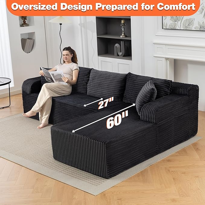 106” Cloud Modular Sectional Sofa with L-Shape Chaise and Deep Seat Corduroy Memory Foam Boneless Compressed Couch for Living Room No Assembly Required(Left Facing Chaise Dark Grey)
