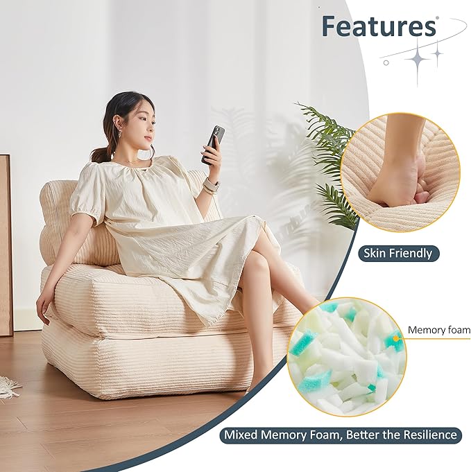 Folding Chair Bed Futon Sofa Floor Couch for Adults Chair for Living Room Lounge Sofa Convertible Sofa Bed Small Couches for Small Spaces Beige