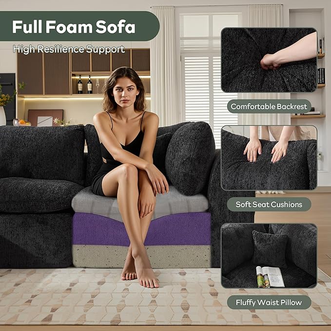 STHOUYN 114” Modern Black Boneless Sectional Couches for Living Room Black Modular L Shape Cloud Sofa Couch with Ottoman Comfy Big Oversized Corner Couch in a Box(Black 3 Seater + 1 Ottoman)