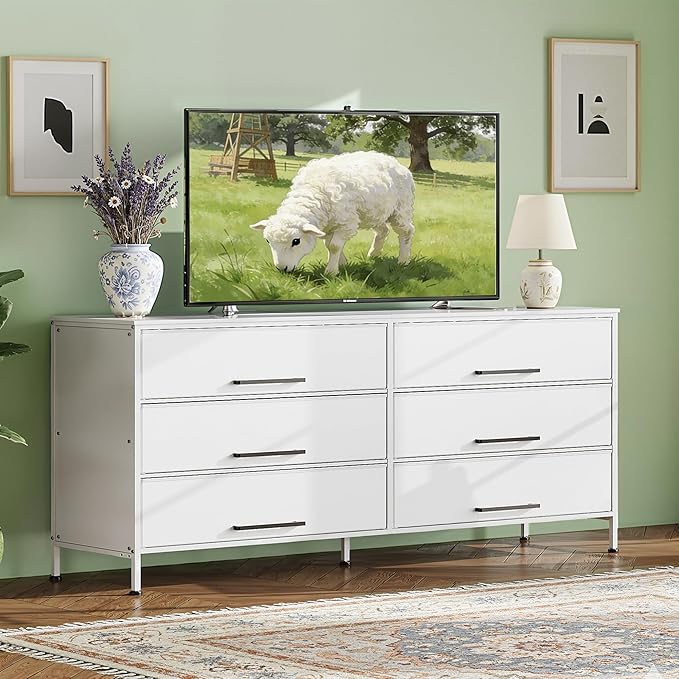 White TV Stand for 60 65 70 inch TV Entertainment Center with 8 Drawer TV Media Console Table with Wood Top Adjustable Feet for Living Room Hallway