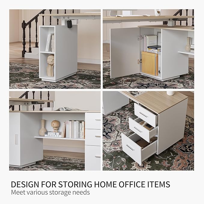 FEZIBO Electric Height Adjustable Stand up Desk for Home Office 63 L Shaped Executive Standing Desk with 3-Drawer File Cabinet Computer Desk with Storage Cabinets White Frame/Light Walnut Top