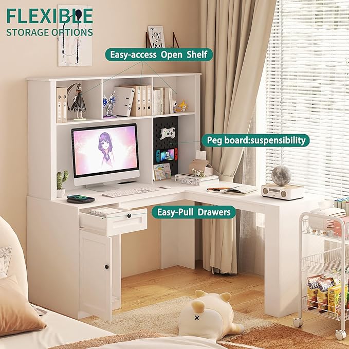 Modern L Shaped Desk with Drawers &amp Shelves Computer Desk with Bookshelf &amp Hutch Corner Home Office Desk with Storage Study Writing Table Workstation with Charging Station for Small Space wh
