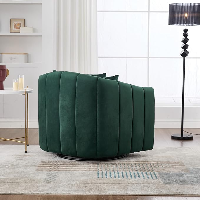 KEIKI 360 Swivel Chair Oversized - Velvet Barrel Accent Chair with Pillows Tufted Mid-Century Modern Armchair for Living Room Office Bedroom - Green Upholstery