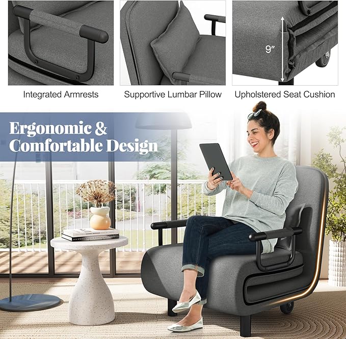 Giantex Convertible Sofa Bed 3-in-1 Folding Sleeper Chair with 5-Position Adjustable Backrest Wheels 2 Legs Recliner Chaise Lounge with Pillow Armchairs for Nursery Living Room Office (Gray)