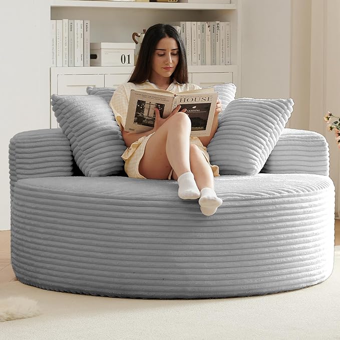 55''L Oversized Round Chaise Longue Chair Indoor Corduroy Sponge Single Sofa Oversized Round Chairs Modern Sleeper Chair for Living RoomProjection Room Wide Armrest Chairs Light Grey