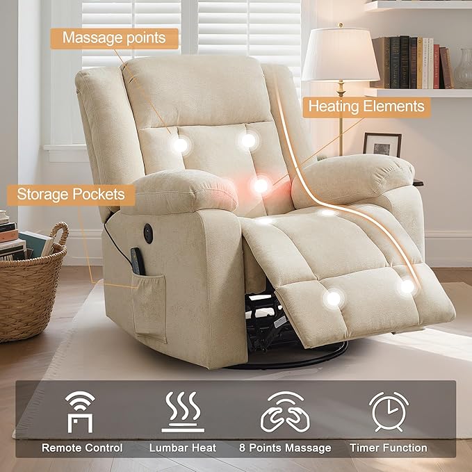 Rocker Recliner Glider Recliner Chairs for Adults 360° Swivel Rocking Chair with Massage and Heating Nursery Chair with Storage and USB Charging for Living Room Bedroom Nursery
