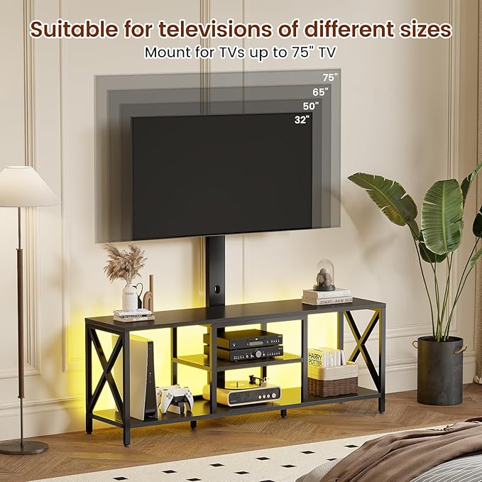 Flycity TV Stand with Mount and LED Lights Universal TV Stand Mount for 32-75 inch TV Entertainment Center with Storage Metal TV Console Table Height Adjustable TV Stands for Living Room Black