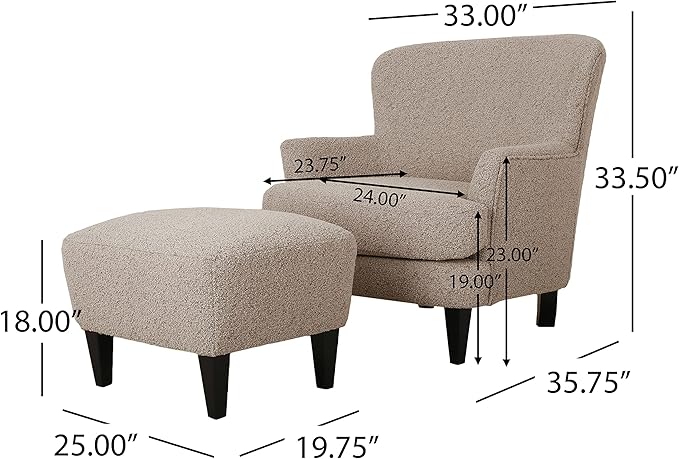 Christopher Knight Home Winnie Boucle Upholstered Wingback Club Chair and Ottoman Set Birch Wood Legs Living Room Accent Armchair with Footrest Bedroom/Reading Room Warm Stone Gray+Matte Black