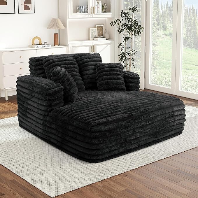 Chaise Lounge Chair Indoor Comfy Corduroy Plush Fluffy Foam Floor Compressed Sofa Chair Leisure Reading Single Sleeper Chaise Chair for Living Room Bedroom Office Pillows Included (Black)