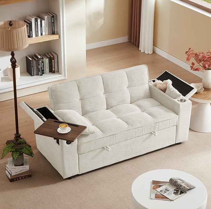  Large Size Convertible Sleeper Sofa BedPolka dot Velvet Pull Out Futon Couch with Storage handrails &amp Rotating Side TablesConvertible Sofa Couch for Living RoomRV (Beige)