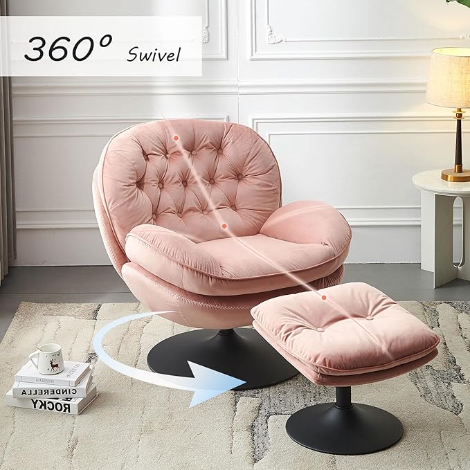 Swivel Accent Chair with Ottoman Set Velvet Modern Lounge Chair with Metal Base Frame &amp Footrest Comfy Lazy Single Leisure Armchair Reading Chair with 360 Swiveling For Living Room/Bedroom/Pink