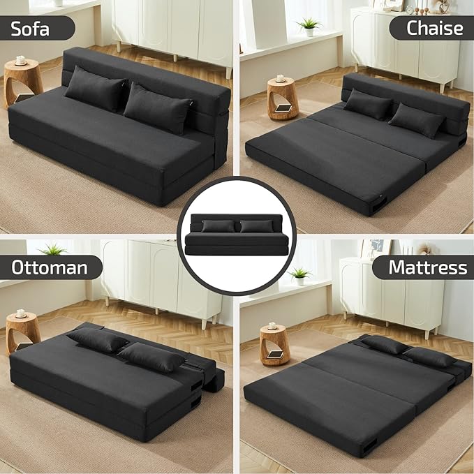 Folding Sofa Bed with Pillows- Convertible Chair Floor Couch &amp Sleeping Mattress Foldable Memory Foam Sleeper for Living Room/Dorm/Guest Room/Home Office/Apartment/Loft Queen Dark Gray