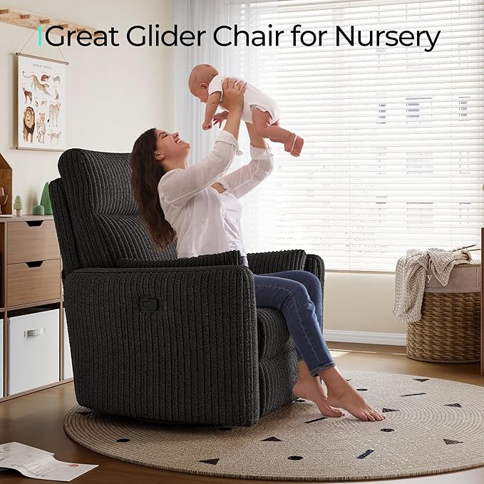 LINSY 360 Swivel Recliner Chair Nursery Glider Rocking Chair with 2 Pillows Corduroy Nursing Chair Comfy High Back Adult Rocker Recliner for Small Spaces Nursery Bedroom Living Room (Black)