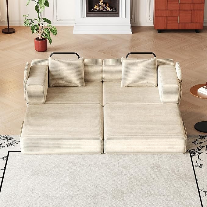 KINFFICT 72 inch Sectional Sleeper Sofa Modular Futon Folding Loveseat Floor Sofa Bed Convertible Comfy Corduroy Memory Foam Couch Bed with Side Pockets for Guest Room Bedroom Living Room Beige