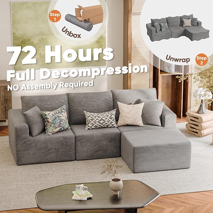 JUMMICO Boneless Couch with Deep Seat and Ottoman Modular Sectional Sofa with Body Support Corduroy Couches for Living Room Apartments Bedroom No Assembly Required (Gray L-Shaped)